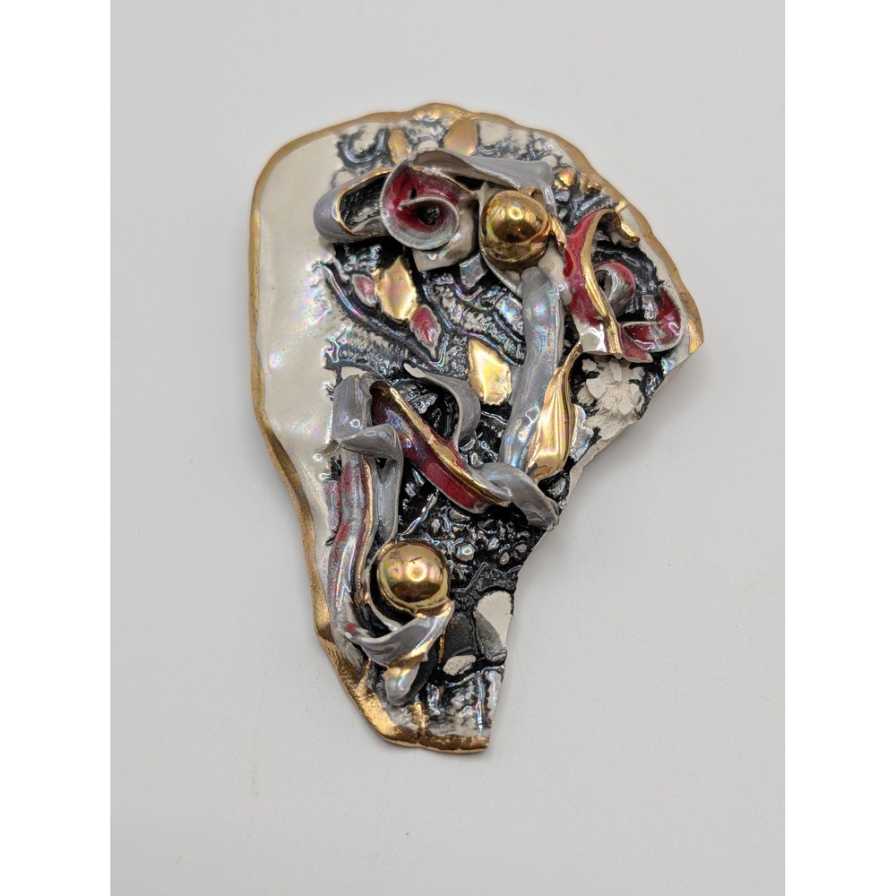 Vintage 80s Studio Ceramic Brooch‎ Iridescent Lustre Red Gold Sculptural Art Pin